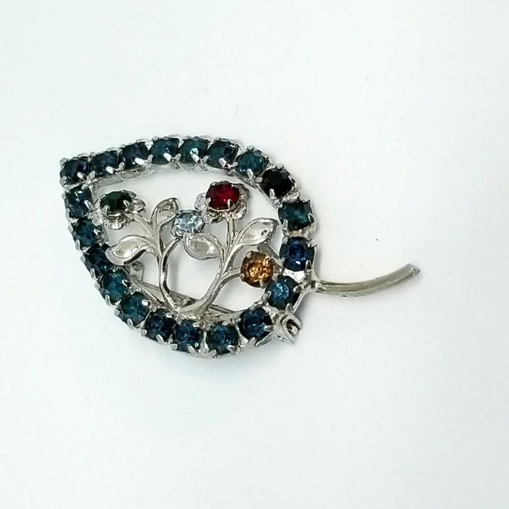Multi-Color Rhinestone Birthstone Flower Leaf Pin - Picture 4 of 4